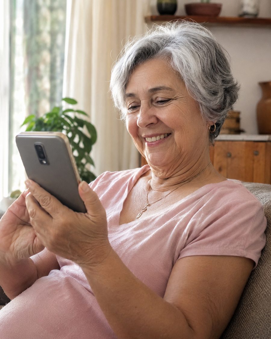 Senhora usando o celular com confiança e sorriso